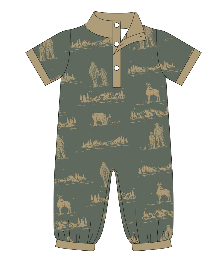 Preorder moq 5 (each item)Baby Boys Short Sleeve Ducks Deer Button Hunting Footie Rompers
