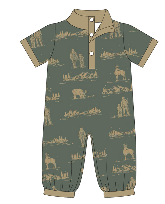 Preorder moq 5 (each item)Baby Boys Short Sleeve Ducks Deer Button Hunting Footie Rompers