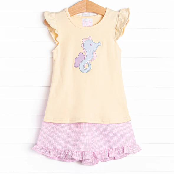 Preorder moq 5 Baby Girls Peach Flutter Sleeves Sea Horse Tunic Pink Ruffle Short Set