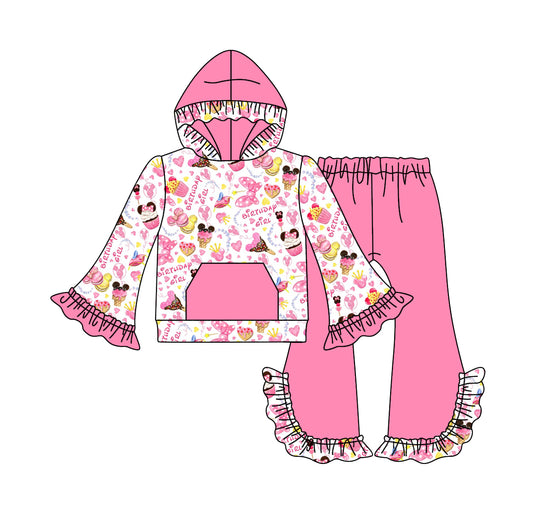 Baby Girls Pink Birthday Cake Hooded Top Ruffle Pants Clothes Sets Preorder(moq 5)