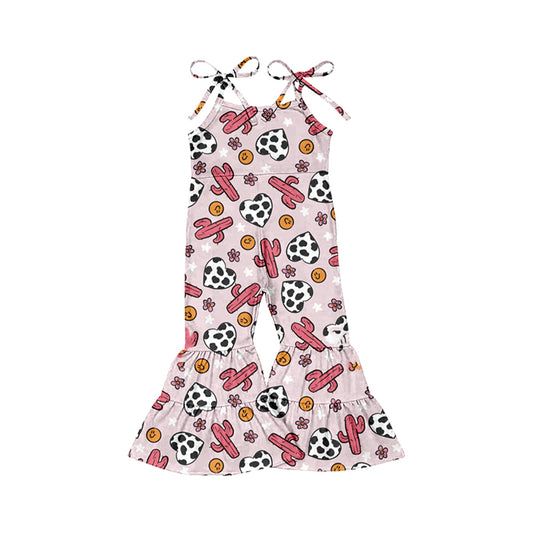Preorder (moq 5)Baby Girls Pink Cactus Flowers Cow Print Hearts Bell Bottom Pants Jumpsuits