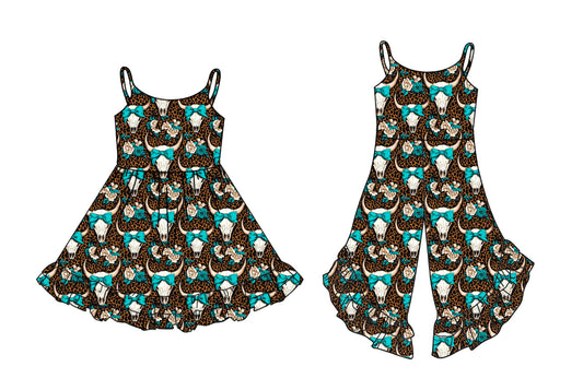 Preorder moq 5 Custom Baby Girls Strap Leopard Bull Skull Flowers Ruffle Jumpsuits Knee Length Dresses