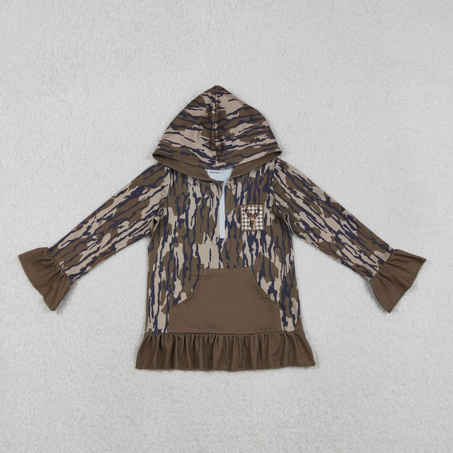 Embroidery Deer Baby Girls Olive Camo Pocket Zipper Hunting Hoodies Top