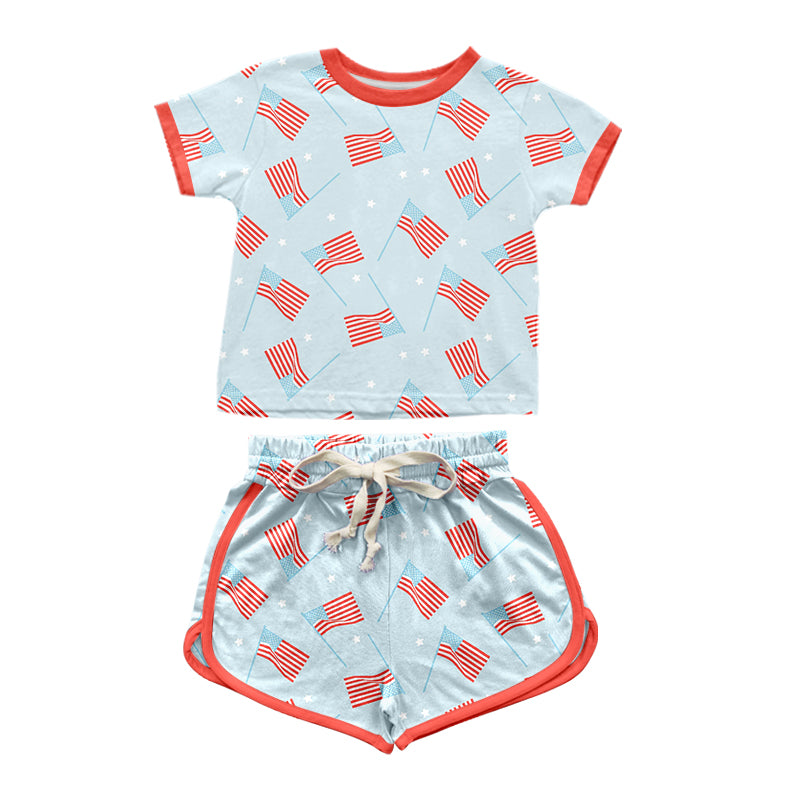 Baby Girls 4th Of July Flags Summer Top Shorts Pajamas Clothes Sets preorder(moq 5)