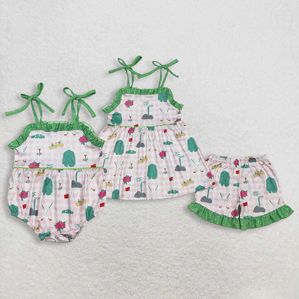 Sibling Baby Girls Strap Pink Checked Flower Golf Tunic Ruffle Shorts Clothes Set Rompers