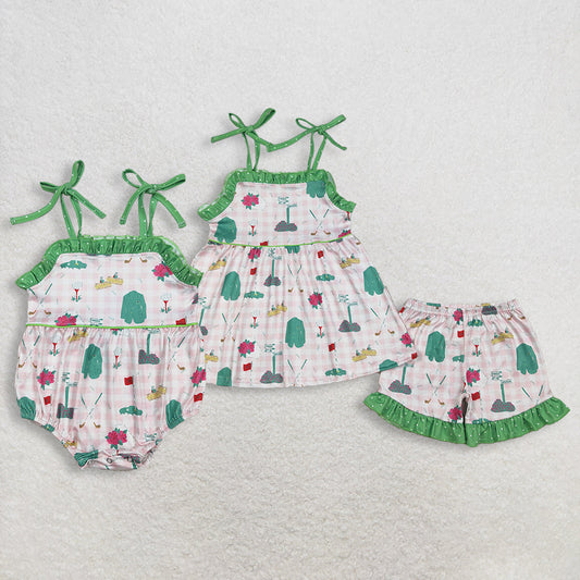 Sibling Baby Girls Strap Pink Checked Flower Golf Tunic Ruffle Shorts Clothes Set Rompers