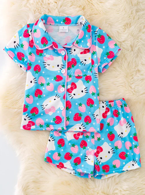 Preorder (moq 5)Baby Girls Cat Cartoon Strawberry Buttons Shirts Shorts Pajamas