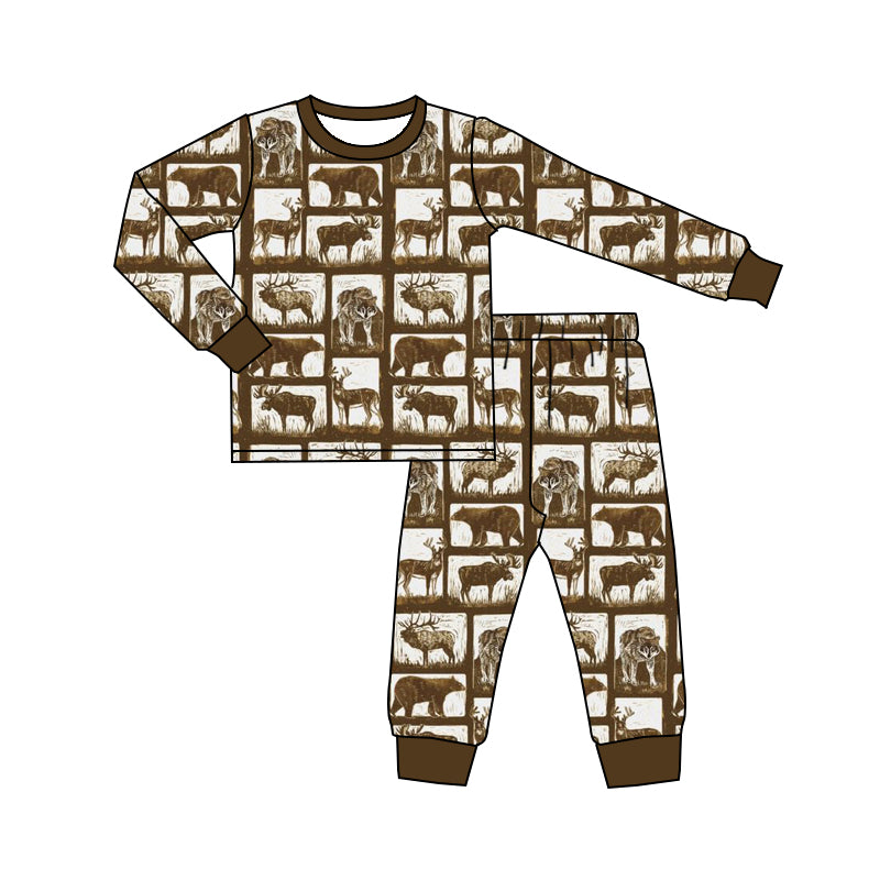 Baby Boys Brown Shirt Deer Hunting Pants Pajamas Clothes Sets Preorder(moq 5)