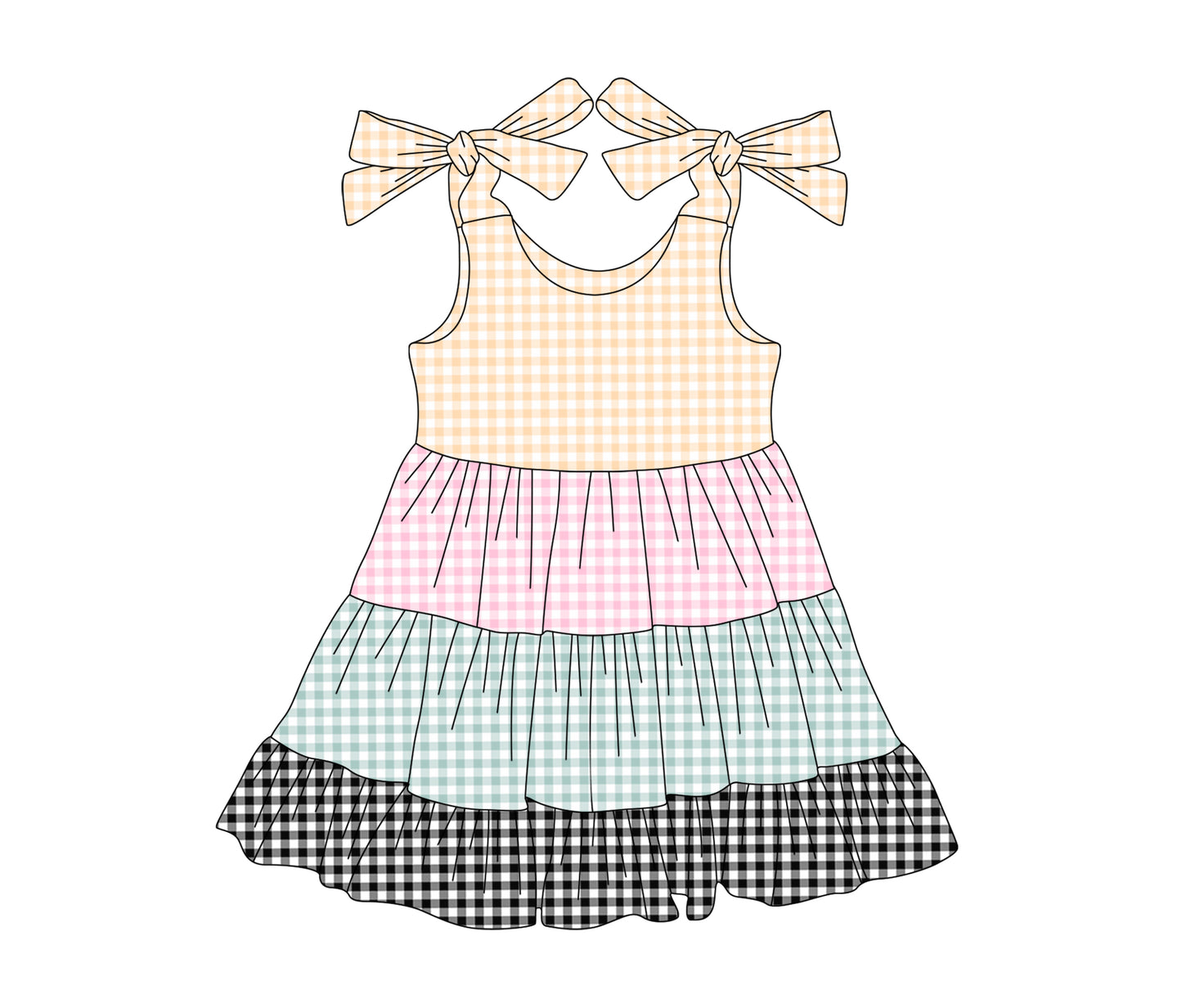 Preorder (moq 5)Baby Girls Bow Strap Colorful Plaid Patchwork Knee Length Dresses