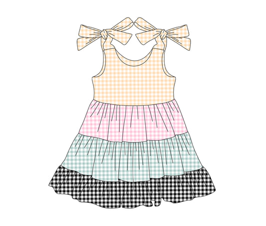 Preorder (moq 5)Baby Girls Bow Strap Colorful Plaid Patchwork Knee Length Dresses