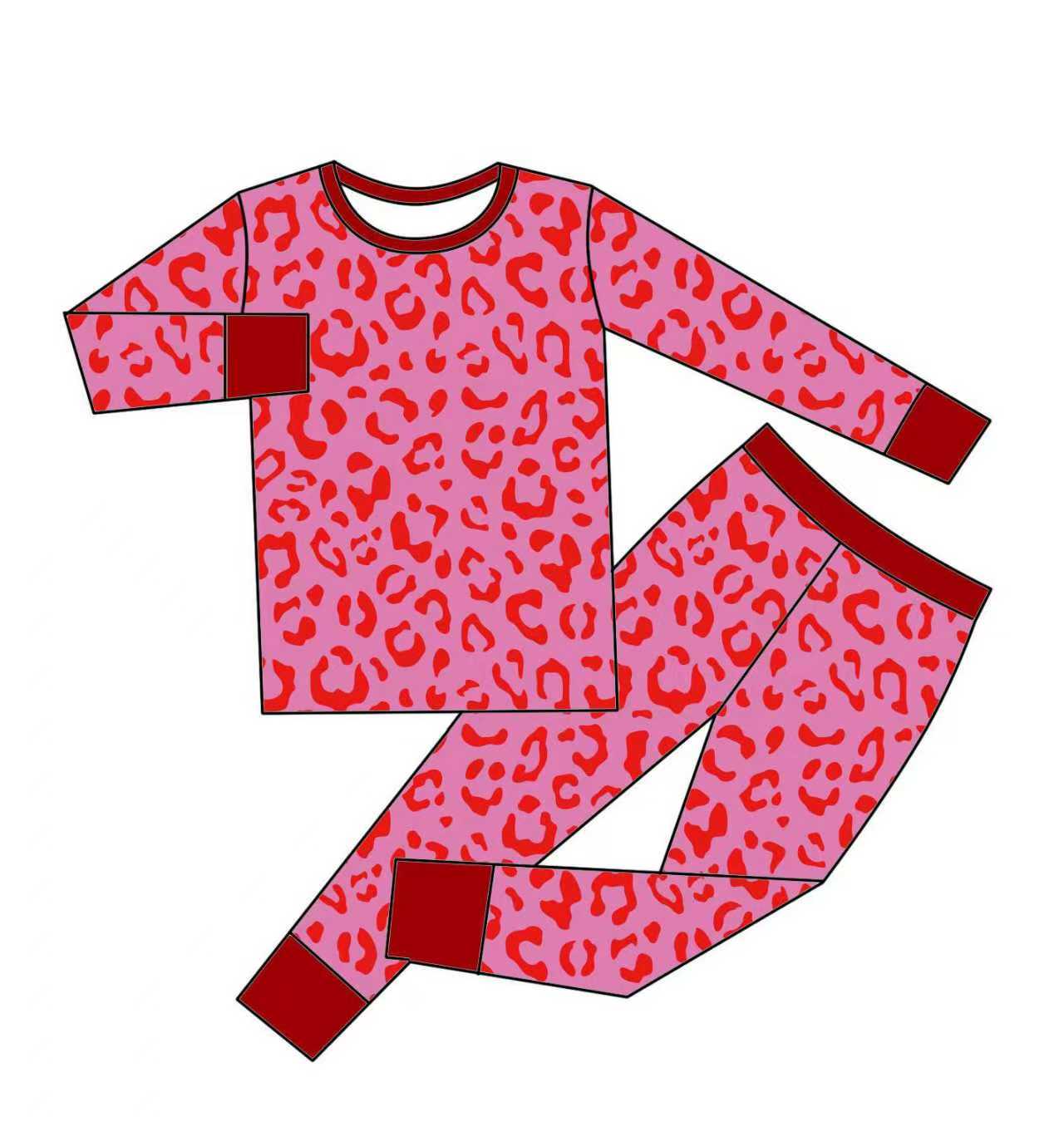 Preorder (moq 5)Baby Girls Red Leopard Top Pants Pajamas Sets