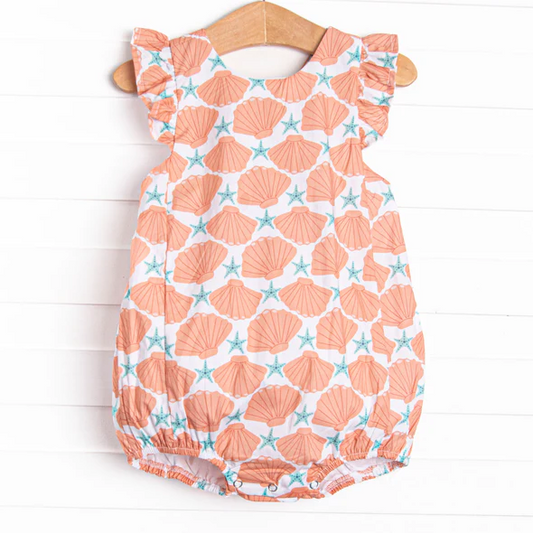 Preorder moq 5 Baby Girls Flutter Sleeves Starfishes Shell Ruffle Rompers