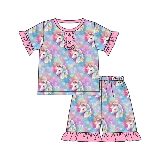 Baby Girls Tie Dye Unicorn Colorful Shirts Shorts Pajamas Clothes Sets preorder(moq 5)