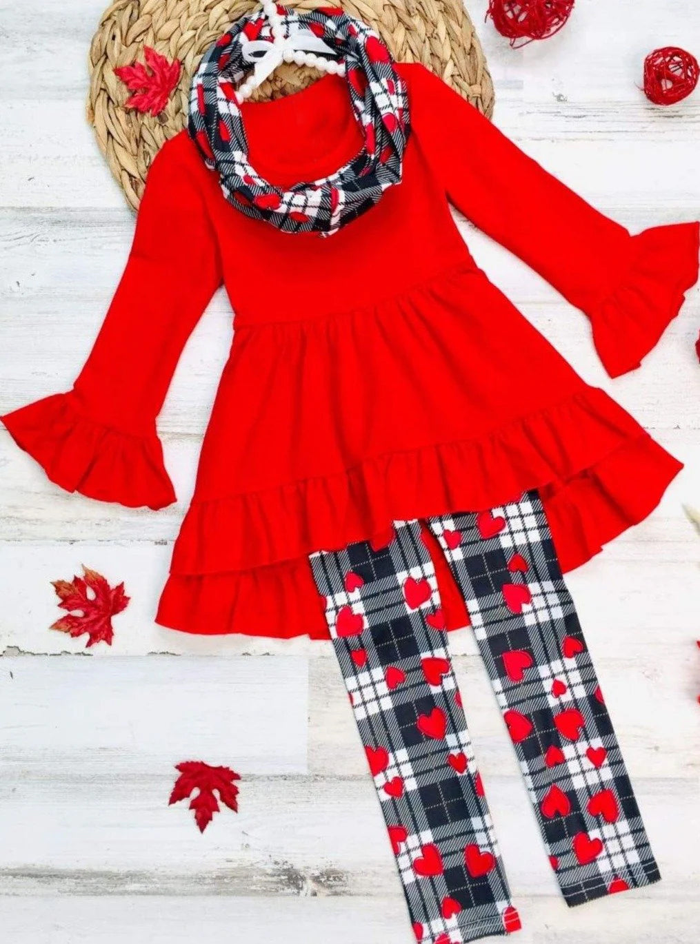 Baby Girls Valentines Red Tunic Top Hearts Legging Scarf Clothes Sets preorder(MOQ 5)