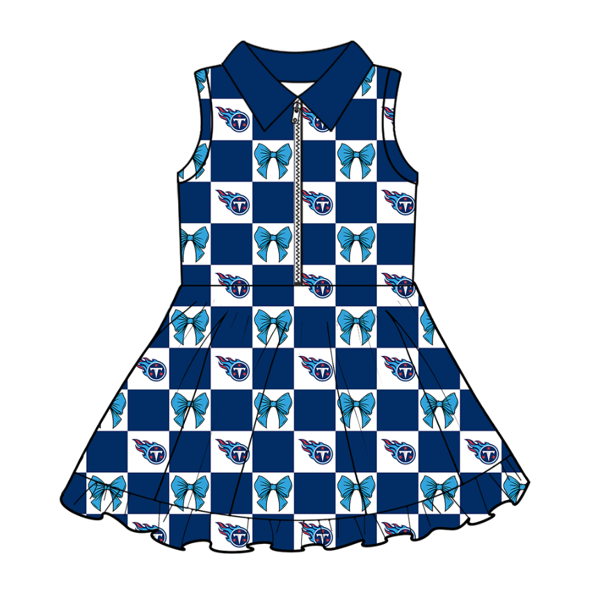 Preorder (moq 5)Baby Girls Blue T Bows Checked Zipper Team Shorts Knee Length Dresses