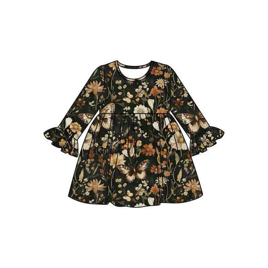 Preorder(moq 5) Baby Girls Fall Floral Long Sleeves Knee Length Dresses