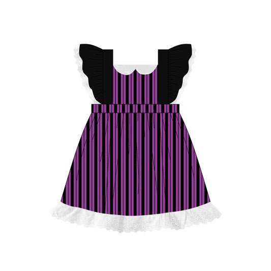 Preorder (moq 5)Baby Girls Black Flutter Sleeves Purple Stripes Lace Knee Length Dresses