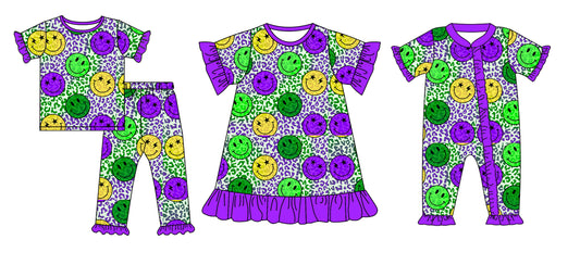 Preorder(moq 5 each) Baby Girls Mardi Gras Leopard Smile Romper Dress Pants Sets