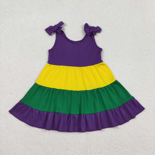 Baby Girls Bows Strap Mardigras Patchwork Ruffle Knee Length Dresses