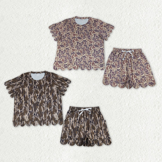 Sibling Adult Women Southern Camo Shirts Top Pockets Short Scallop Clothes Set
