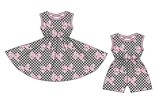 Preorder moq 5 Custom Baby Girls Pink Sleeveless Black Plaid Bows Knee Length Dress Pockets Jumpsuits