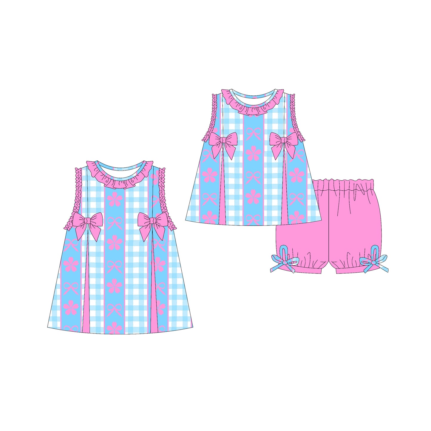 Preorder moq 5 Custom Baby Girls Sleeveless Pink Flowers Bows Tunic Ruffle Short Set Knee Length Dresses