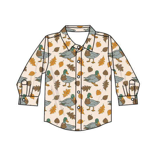 Baby Boys Fall Mallard Ducks Leaves Long Sleeve Buttons Tee Shirts Tops preorder(MOQ 5)