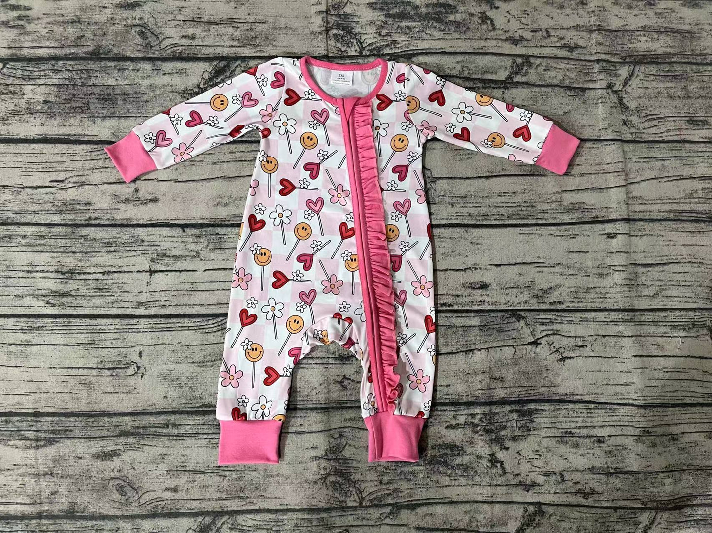 Baby Infant Girls Valentines Flowers Hearts Long Sleeve Zip Rompers