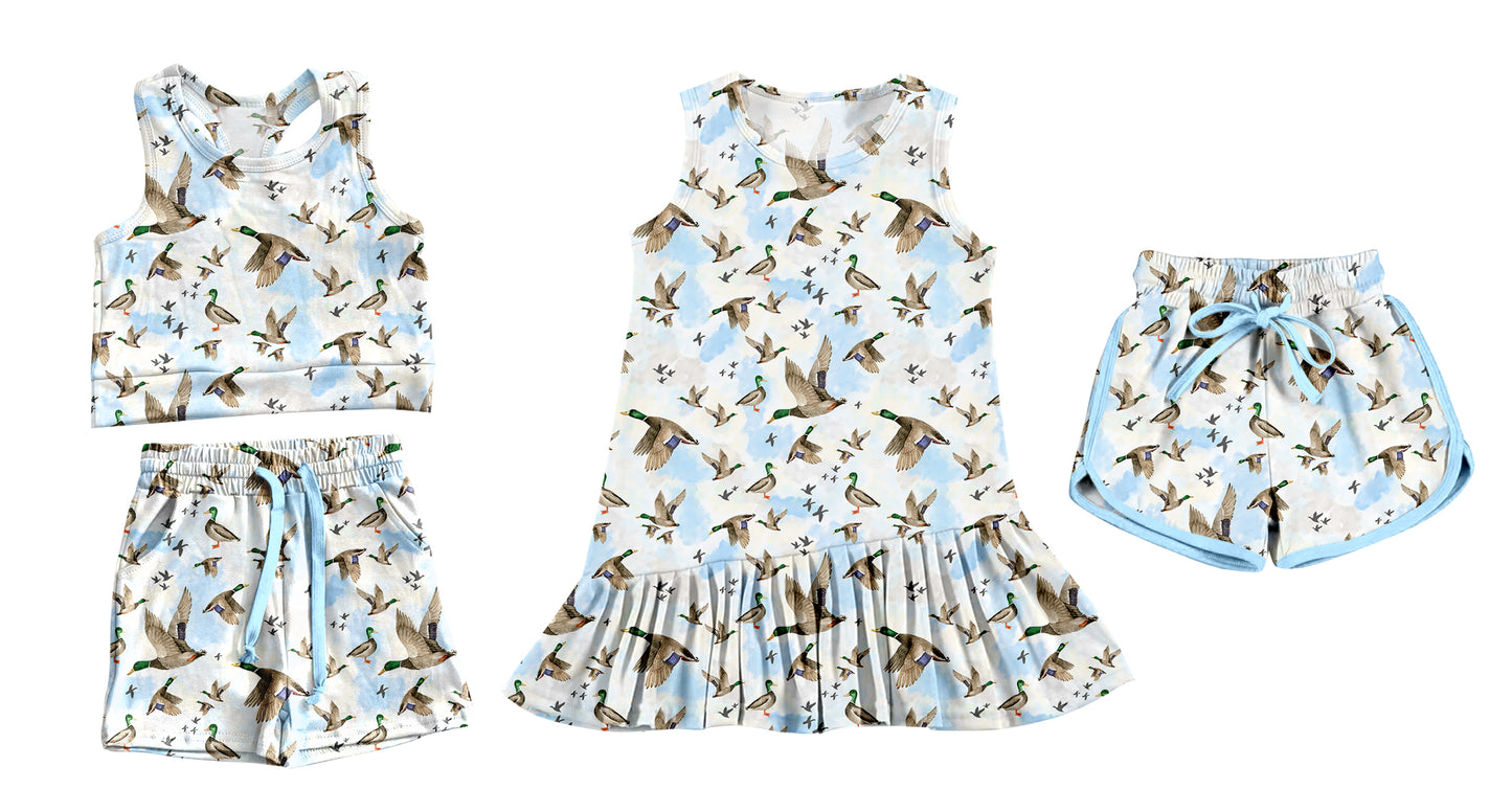 Preorder moq 5 Custom Baby Girls Sleeveless Ducks Top Pocket Short Set Knee Length Dress Sport Shorts