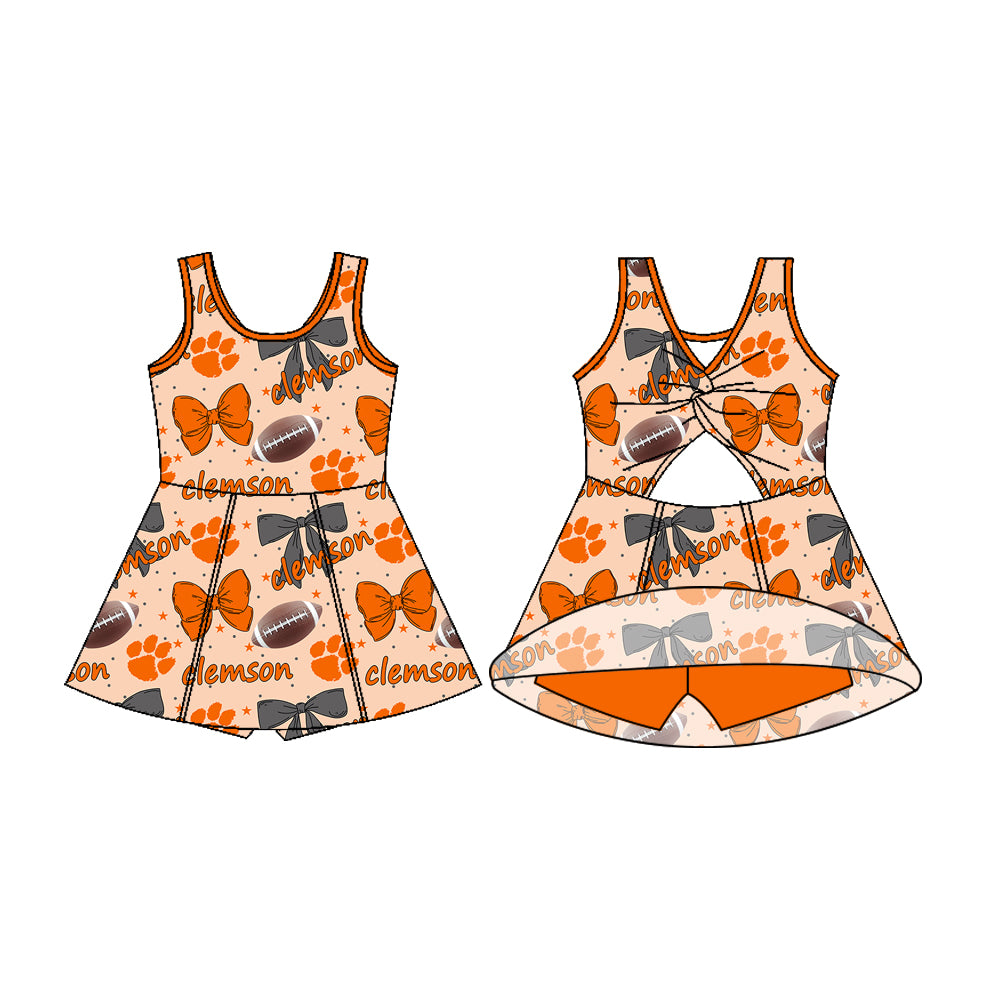 Preorder (moq 5)Baby Girls Sleeveless Bows Footballs Clemson Shorts Team Knee Length Dresses