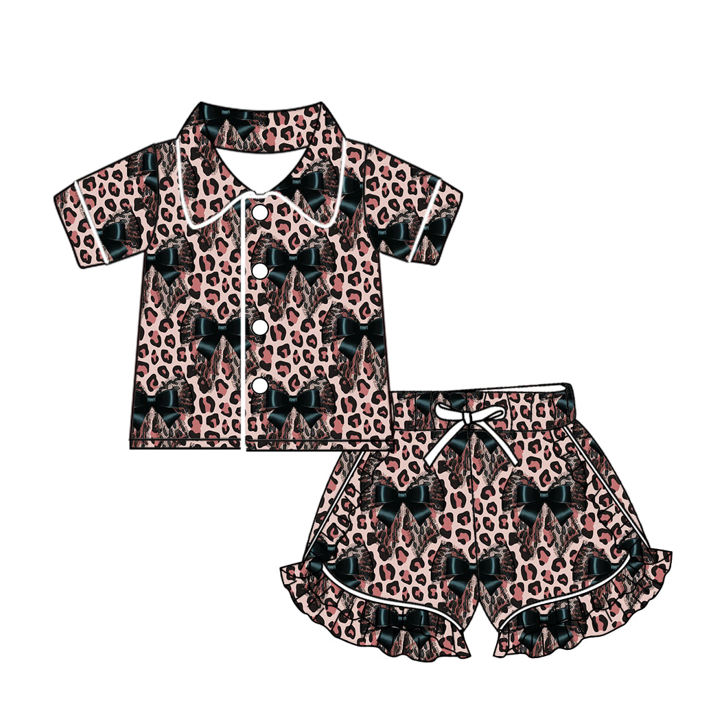 Baby Girls Leopard Bows Buttons Top Ruffle Shorts Pajamas Sets preorder(MOQ 5)