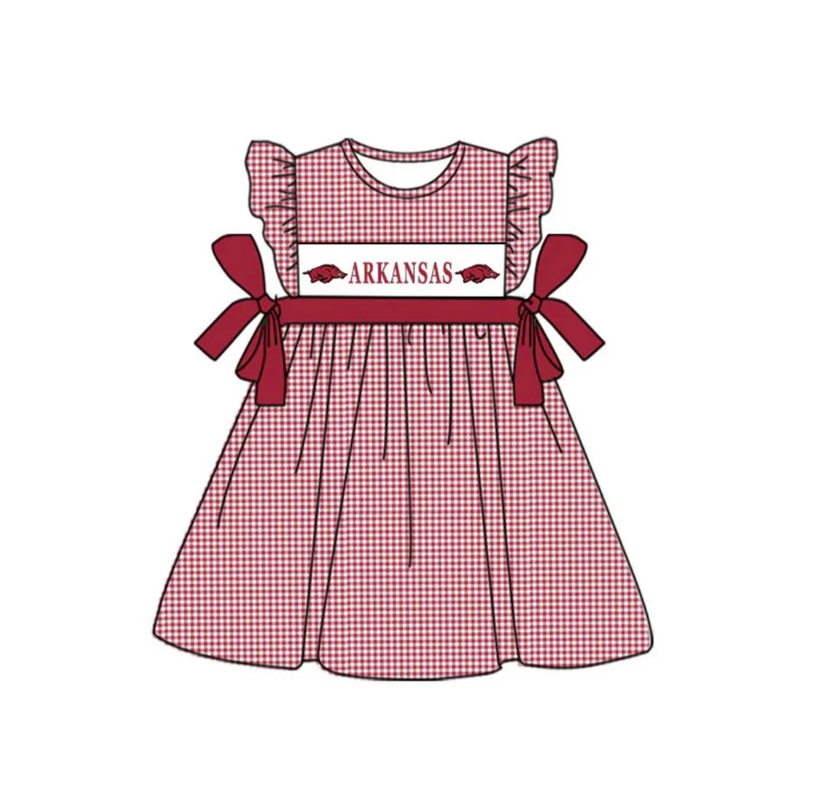 Preorder (moq 5)Baby Girls Red Checked Flutter Sleeves Arkansas Team Knee Length Dress