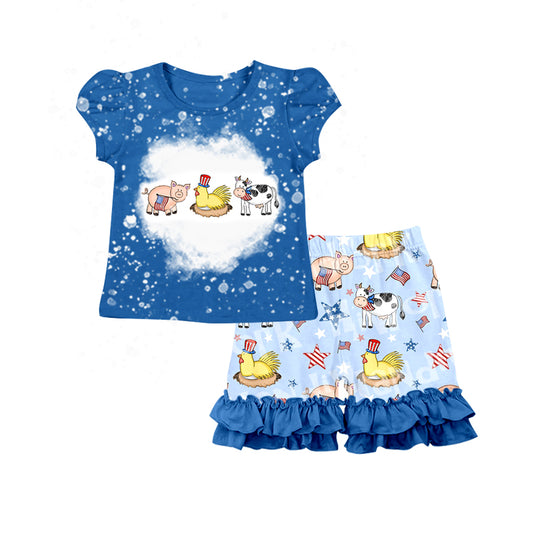 Baby Girls 4th Of July Shirt Farm Cows Ruffle Shorts Clothes Sets preorder(moq 5)