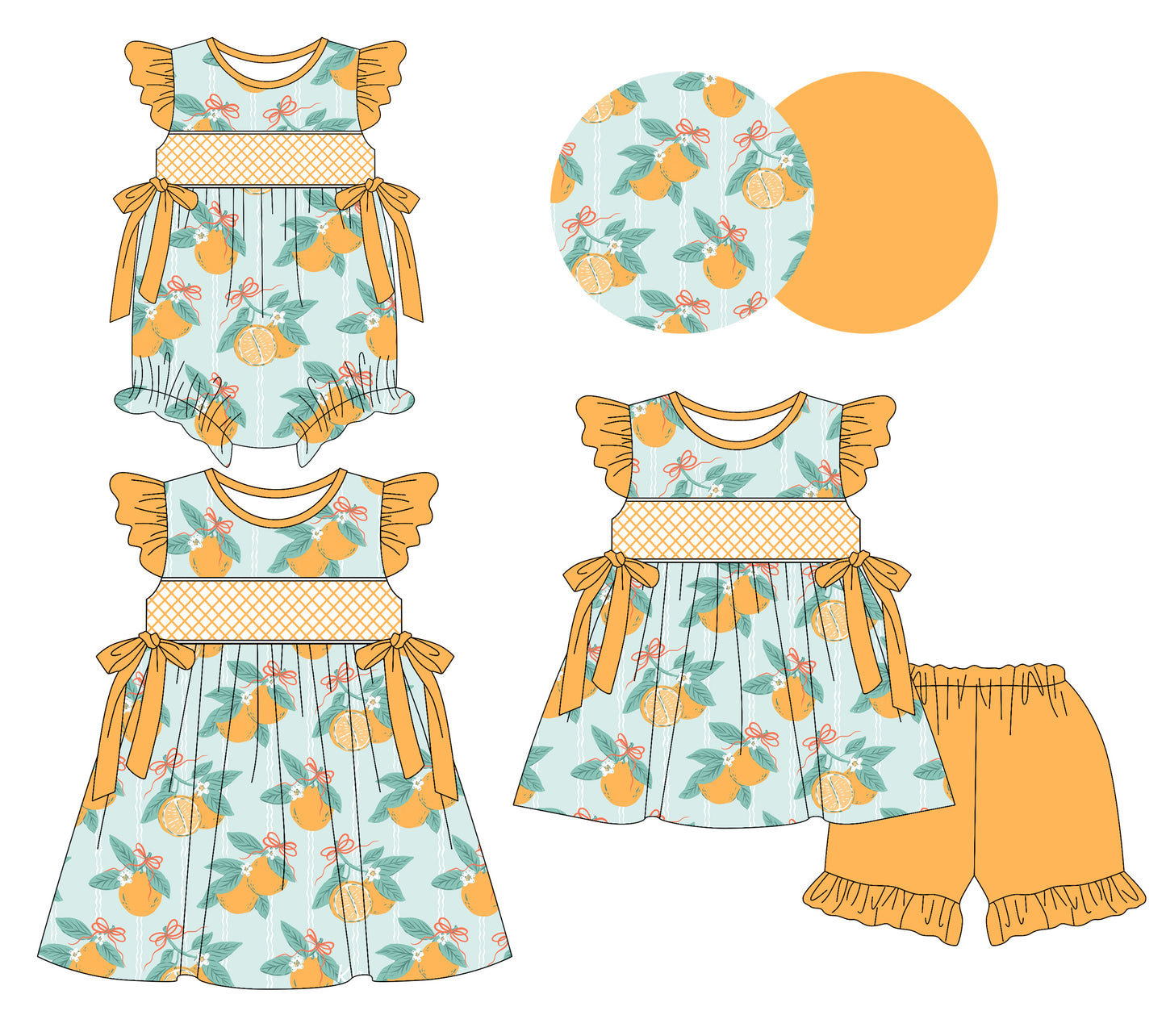 Preorder moq 5 Custom Baby Girls Bows Oranges Tunic Ruffle Short Set Knee Length Dress And Rompers