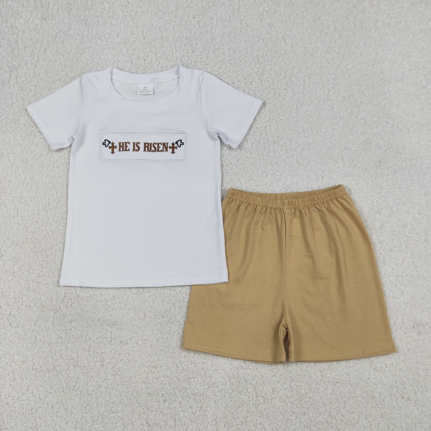 Embroidery Crosses He is Risen Baby Boys Top Shorts Easter Clothes Sets