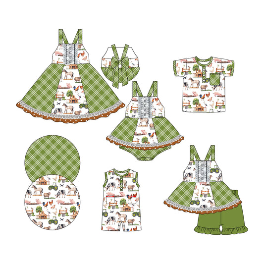 Preorder moq 5 Custom Baby Kids Green Strap Chicks Horses Plaid Tunic Ruffle Short Farm Set Button Pocket Polo Shirts Rompers Knee Length Dress And Bummies Set