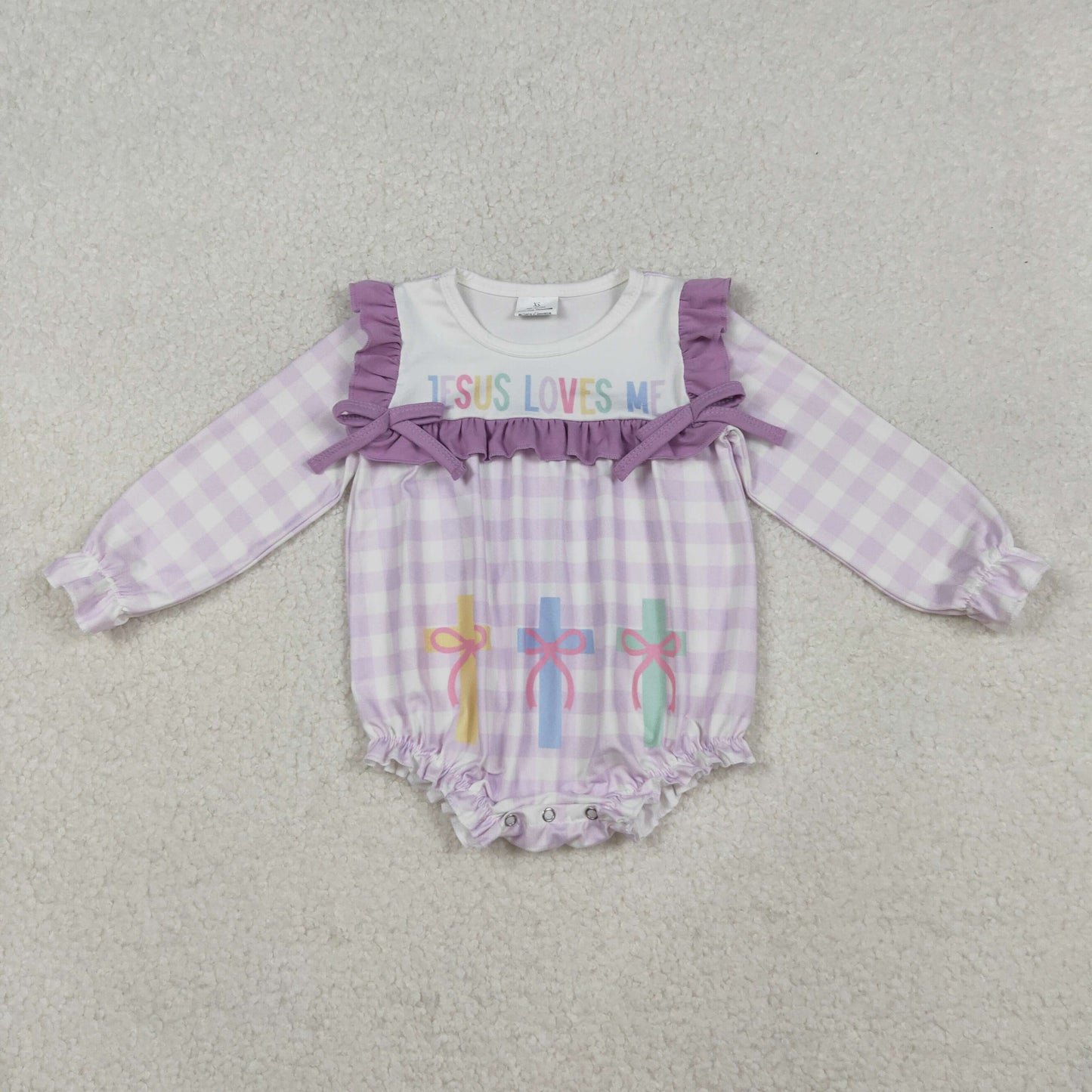 Baby Girls Lavender Checked Jesus Love Me Cross Ruffle Rompers
