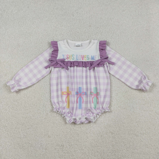 Baby Girls Lavender Checked Jesus Love Me Cross Ruffle Rompers