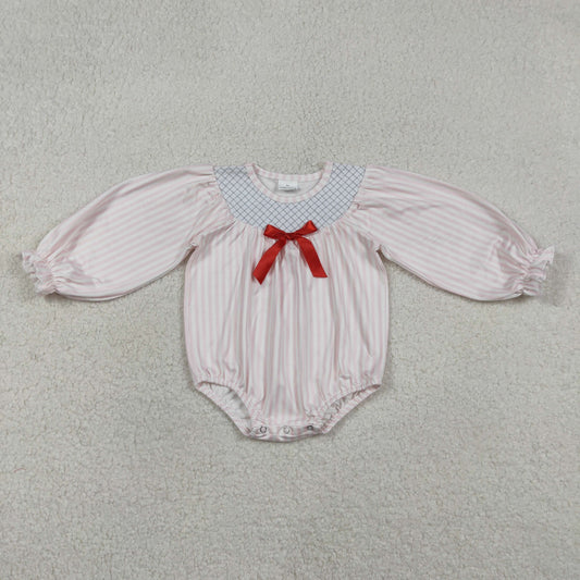 Embroidery Checked Baby Girls Pink Stripe Bows Ruffle Rompers