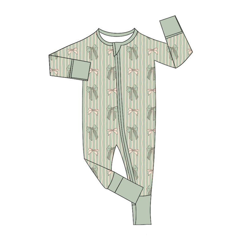 Baby Infant Girls Green Stripes Bows Zip Rompers preorder(moq 5)