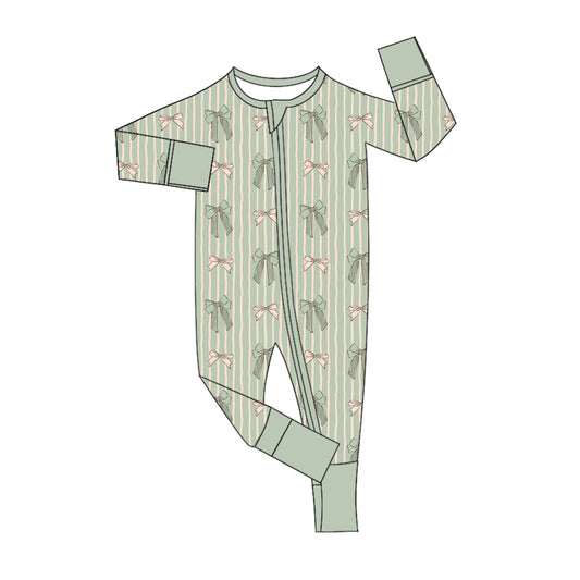 Baby Infant Girls Green Stripes Bows Zip Rompers preorder(moq 5)