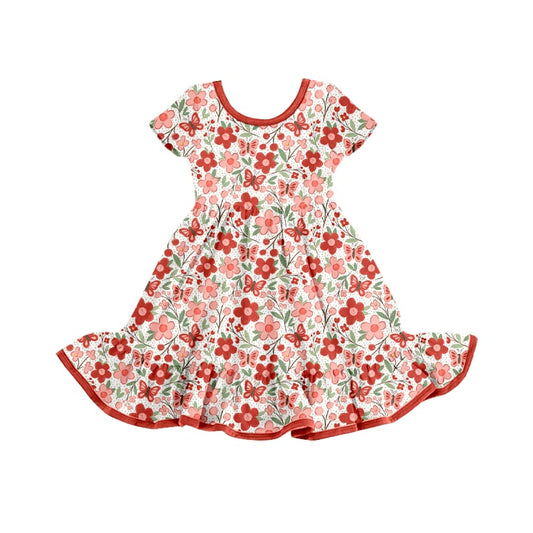 Preorder (moq 5)Baby Girls Red Flowers Bows Short Sleeve Twirl Knee Length Dresses