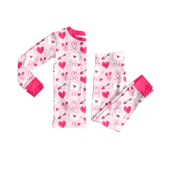 Preorder (moq 20)Baby Girls Bamboo Pink Hearts Be Mine Valentine Pajamas Sets