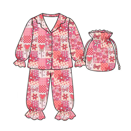 Preorder (moq 5)Baby Girls Heart Flowers Checked Button Top Ruffle Pants Valentines Pajamas Sets