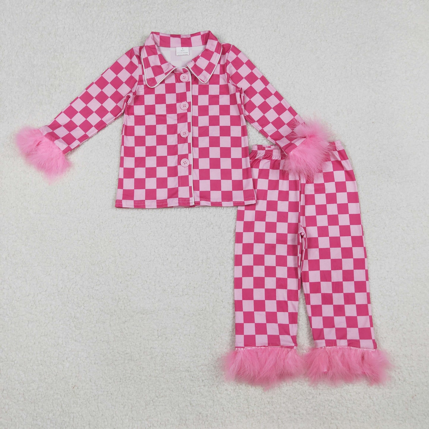 Baby Girls Dark Pink Checkered Buttons Top Pants Fur Pajamas Clothes Sets