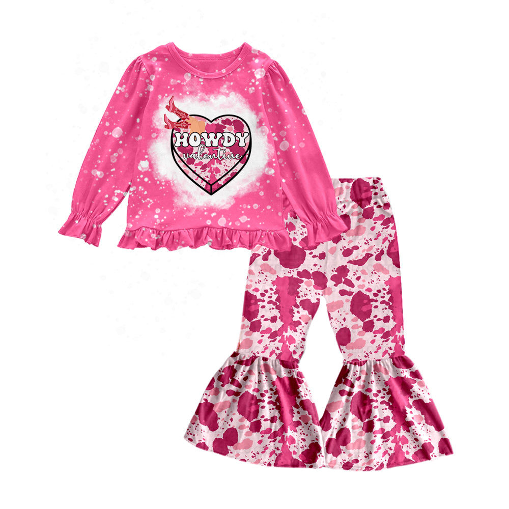 Baby Girls Pink Valentines Howdy Tee Shirts Top Bell Pants Clothes Sets preorder(moq 5)