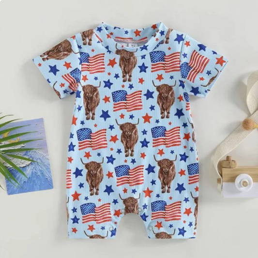 Baby Infant Boys Cows Flags 4th Of July Short Sleeve Rompers preorder(moq 5)
