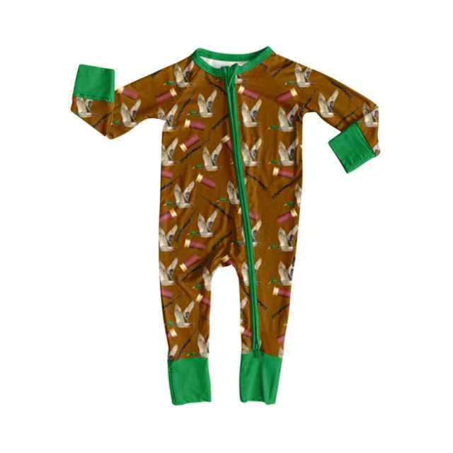 Preorder (moq 20)Baby Boys Bamboo Ducks Plaid Western Zipper Footie Rompers