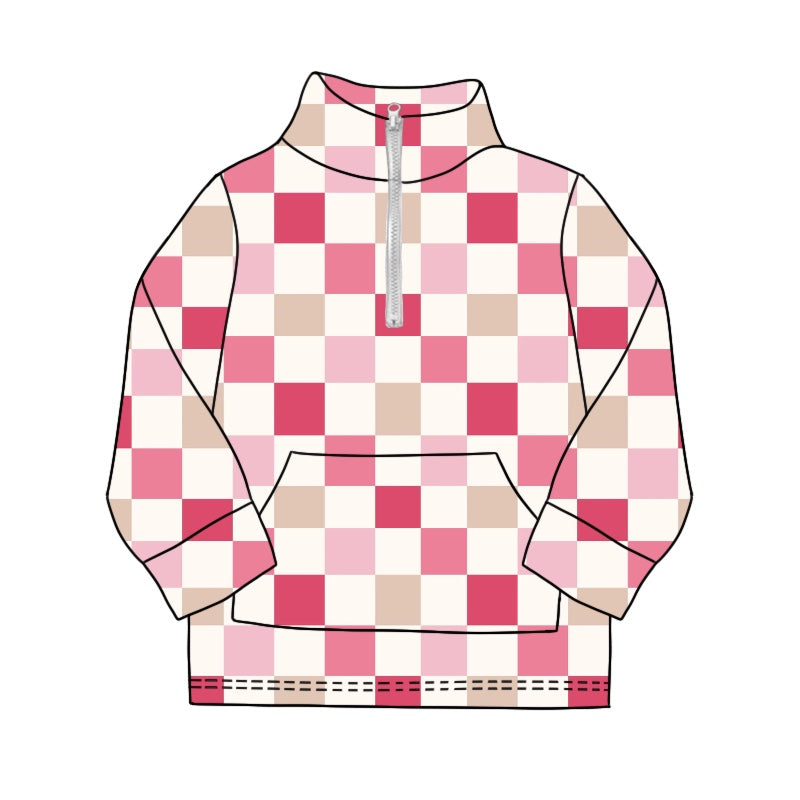 Baby Girls Pink Checkered Pullovers Zip Tee Shirts Tops preorder(MOQ 5)