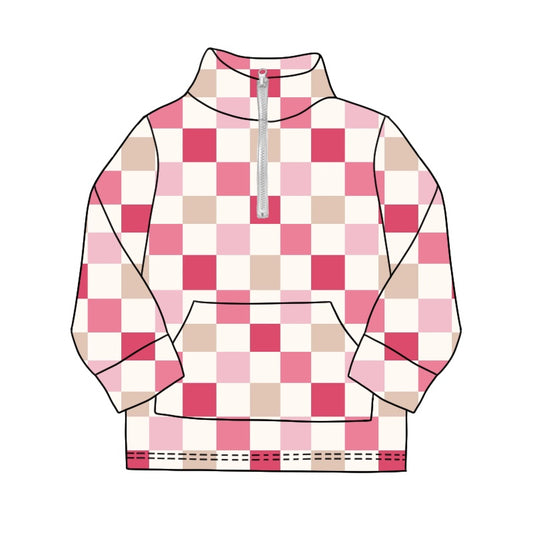 Baby Girls Pink Checkered Pullovers Zip Tee Shirts Tops preorder(MOQ 5)